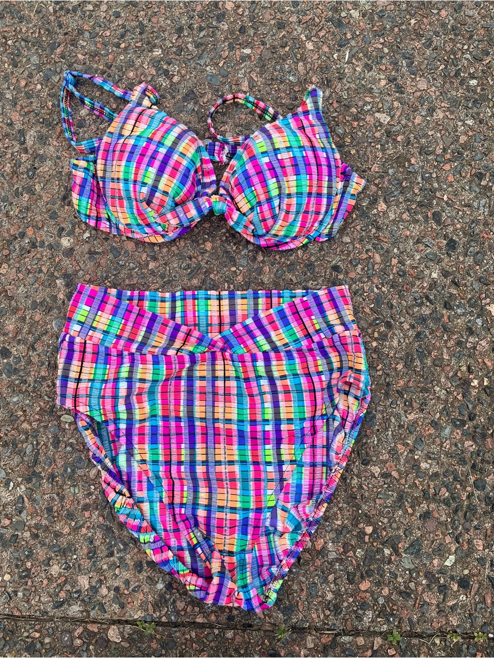 80s Vintage Plaid Bikini Set With Push Up Adjustable Straps SZ M